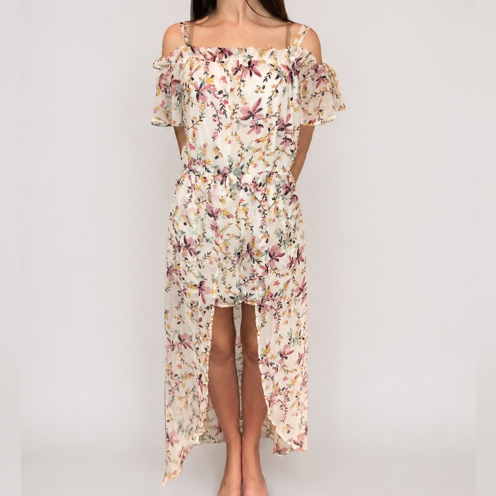 Lily Rose Floral Maxi Overlay Romper Cold Shoulder Belted Size S - Picture 1 of 6